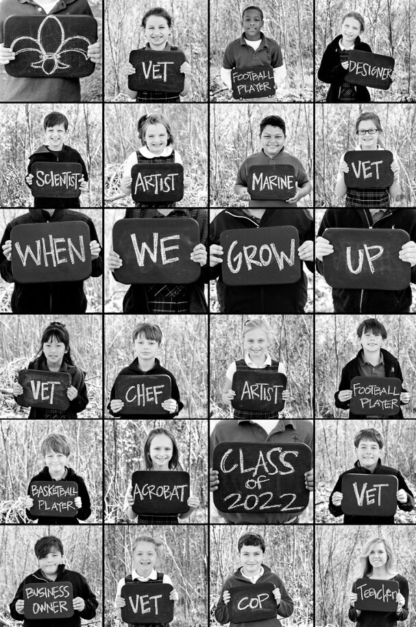 Photograph of 20 kids each in their own little photo holding a sign of what they want to be when they grow up. The middle section is 4 kids holding up: When We Grow Up. It is a black and white photograph.