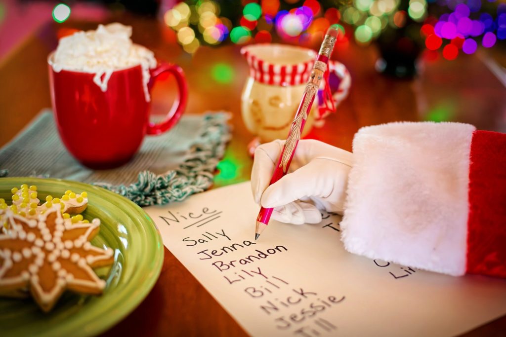 Santa making a gifting list of who's been naughty and nice.